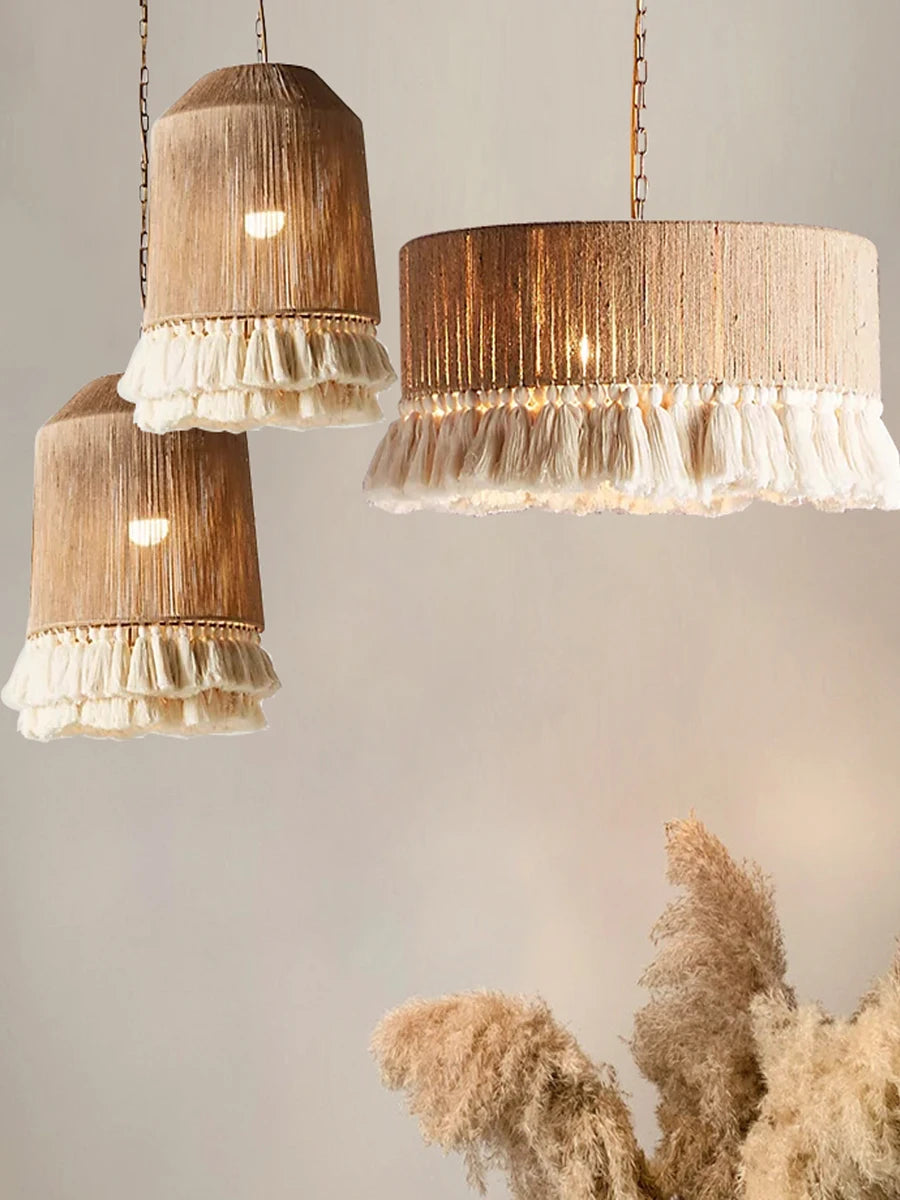 Vintage fabric twine fringe pendant light - vue 5 sur 10