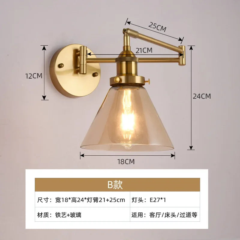 Adjustable retro glass wall light for reading
