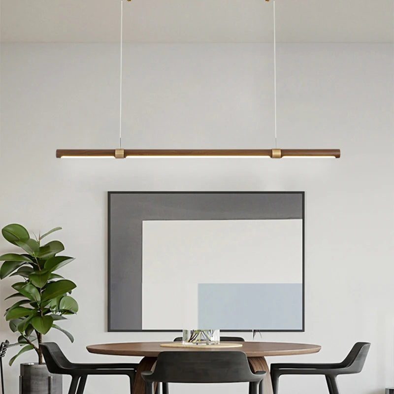 Adjustable minimalist LED pendant light with wood and metal effect - vue 4 sur 9