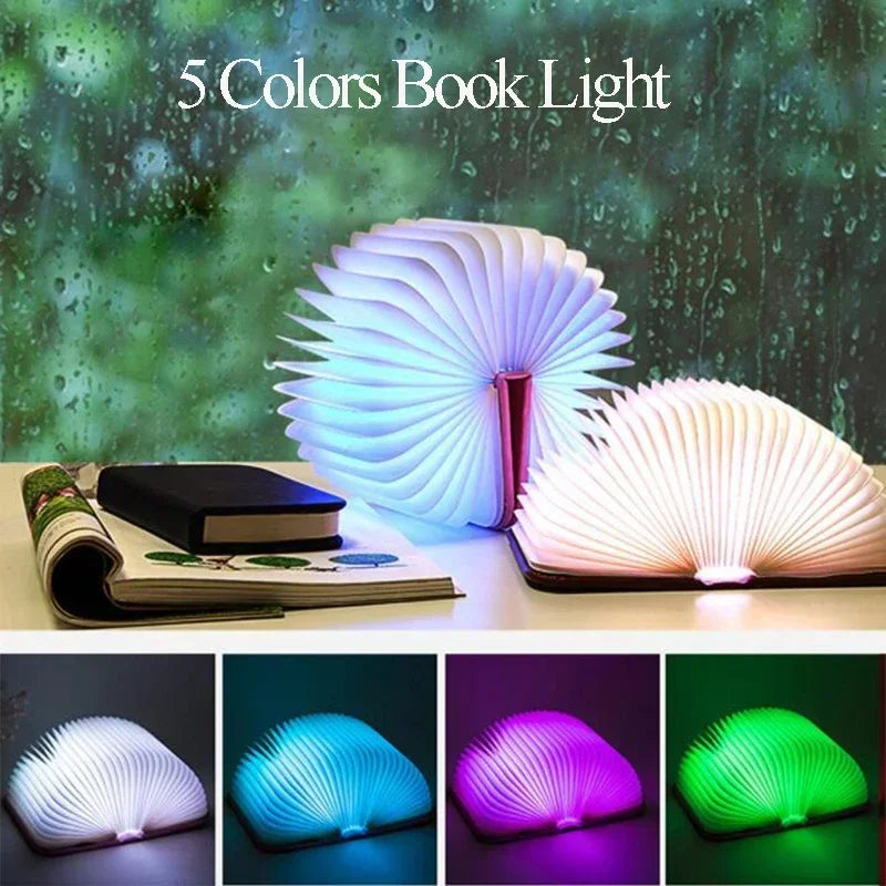 3d folding creative LED night light RGB colour USB rechargeable wooden book lamp for bedroom, desk or children's gift