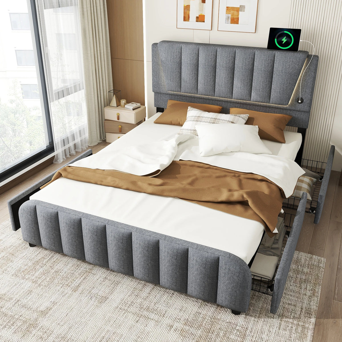 Upholstery bed, 160x200cm, bed with slatted frame (without mattress), remote control room light, bed with four drawers, adjustable - vue 1 sur 4