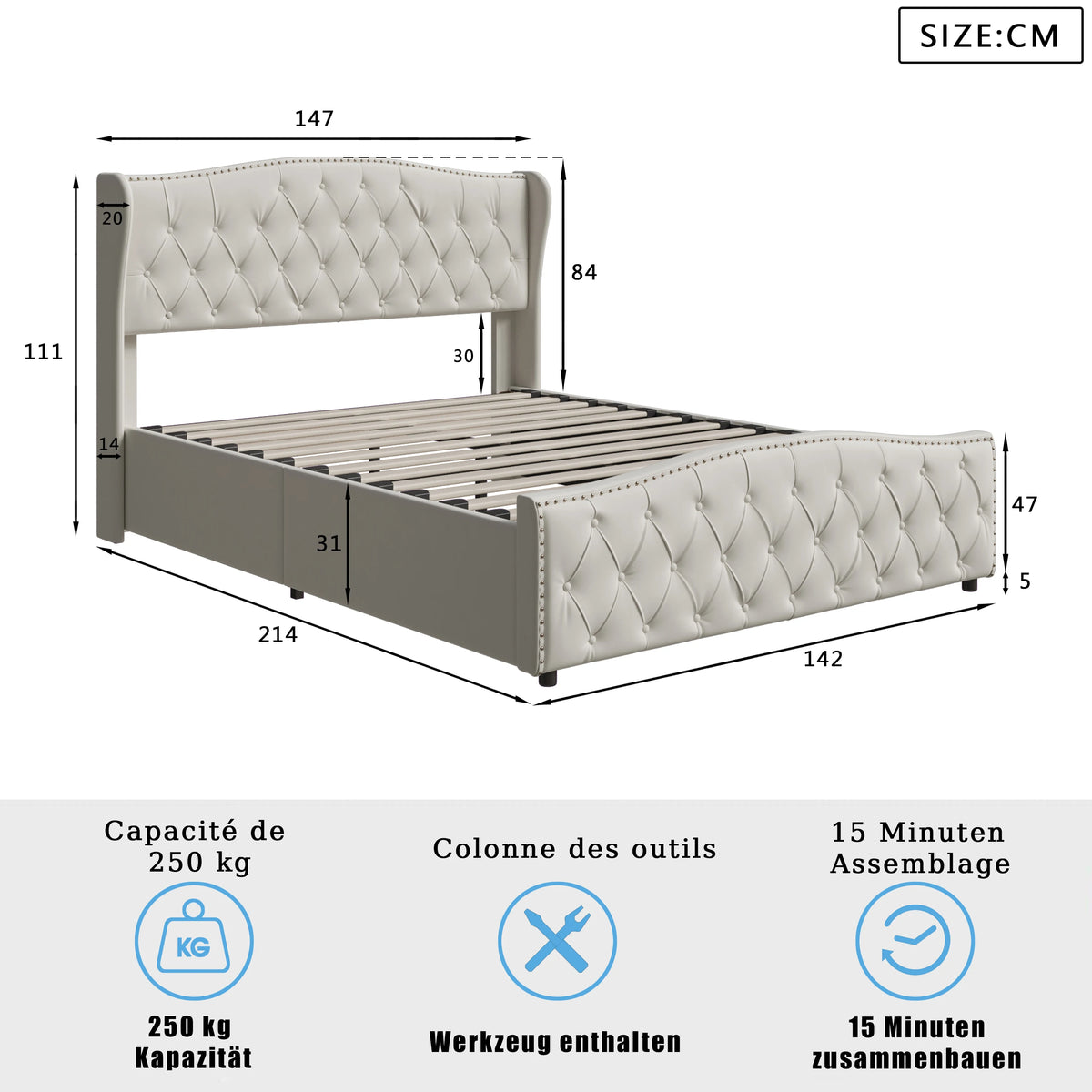 160 x 200 cm Modern Double Bed, Bed with Storage Space and Backrest, with Slatted Frame, Load-Bearing 250 kg, without Mattress - vue 2 sur 8