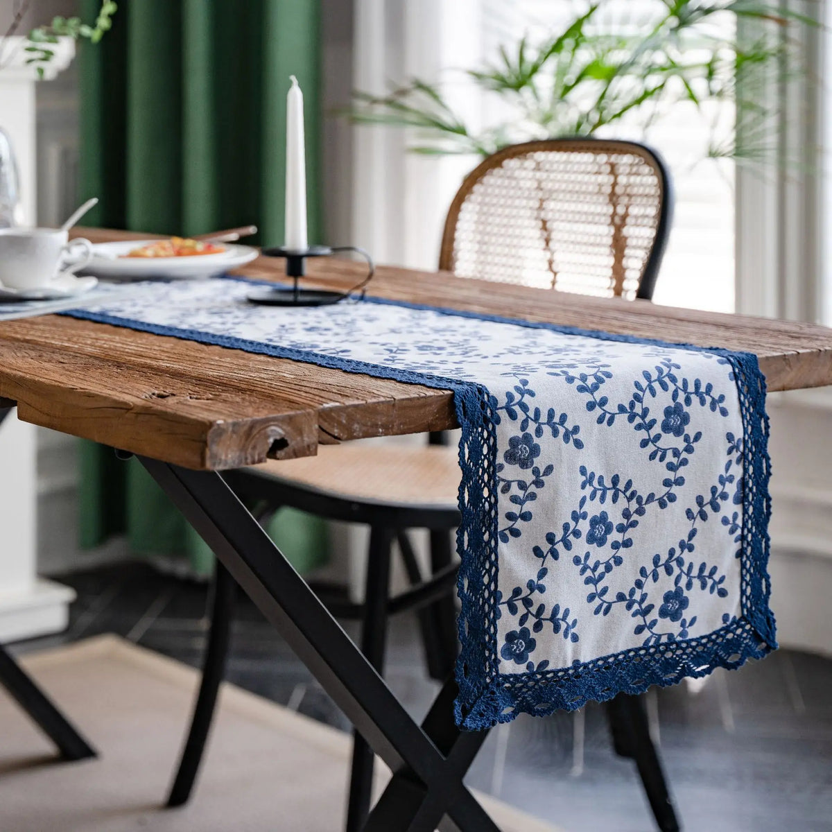 Navy blue and white porcelain countryside table runner