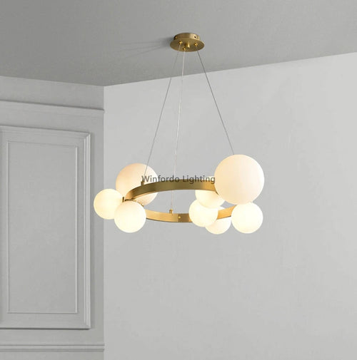 Gold round LED chandelier with glass globes - vue 6 sur 18