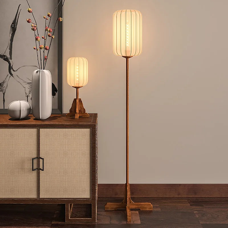 Vintage style floor lamp in fabric, wood and copper for hotel or restaurant
