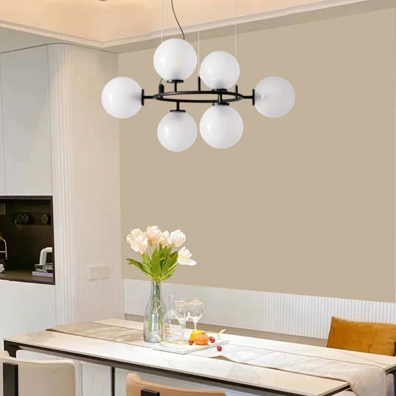 Modern adjustable glass chandelier with black ring