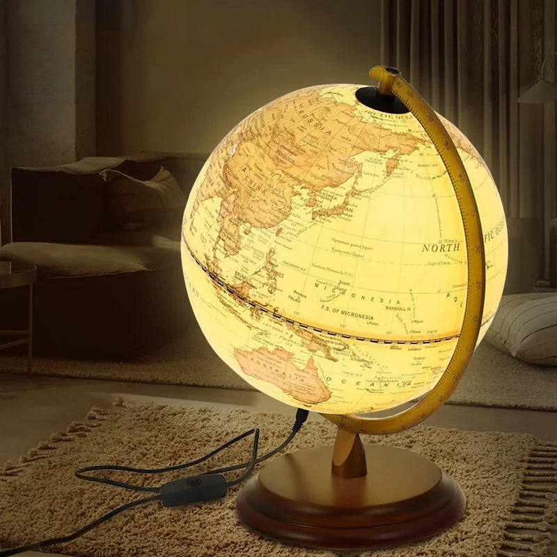 retro table lamp with decorative globe and world map