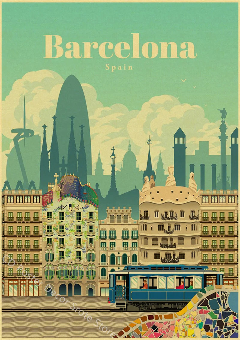 Vintage world cities poster architecture monuments wall decor