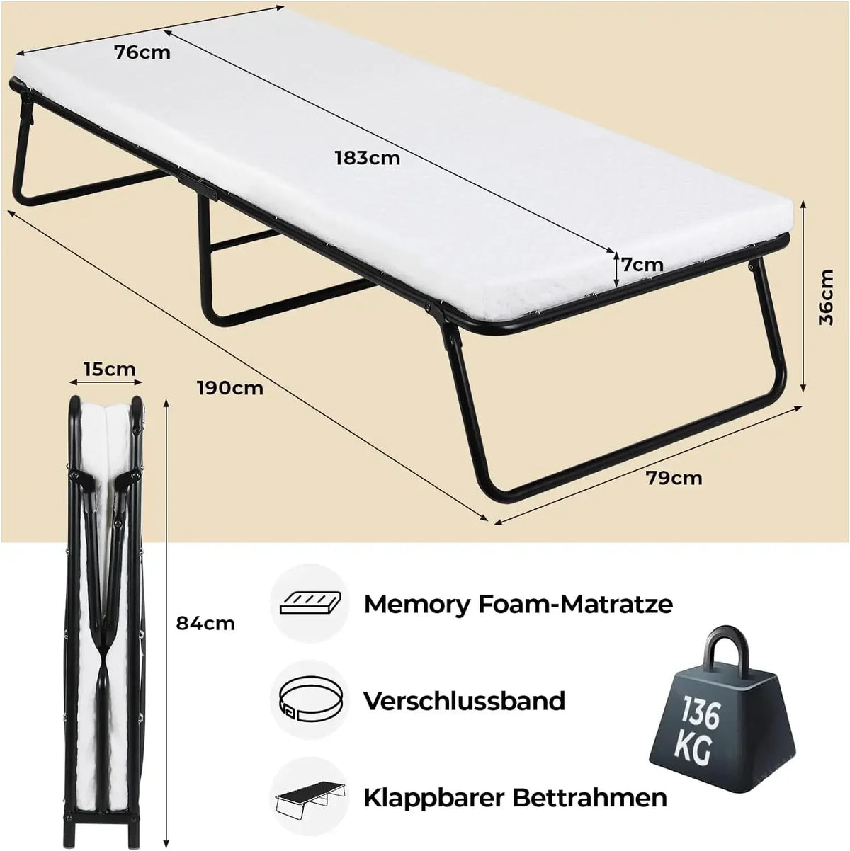 Folding Bed,Adult Guest Bed,80x190cm with 7cm Thick Memory Foam Mattress, Single Bed, Foldable Bed with Mattress Portable - vue 3 sur 6