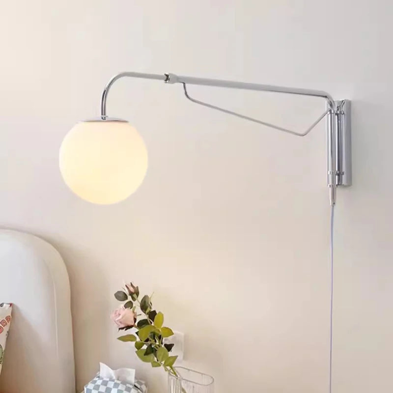 Modern chrome retractable and rotating long arm wall light