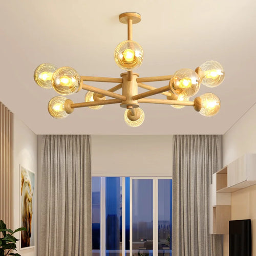 Modern wooden chandelier with glass lampshades for home decor - vue 7 sur 10