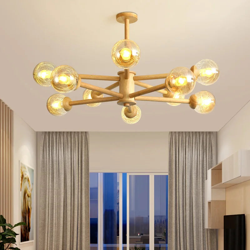 Modern wooden chandelier with glass lampshades for home decor - vue 6 sur 10