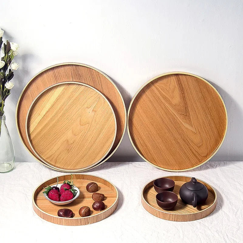Japanese round wooden serving tray for tea and snacks