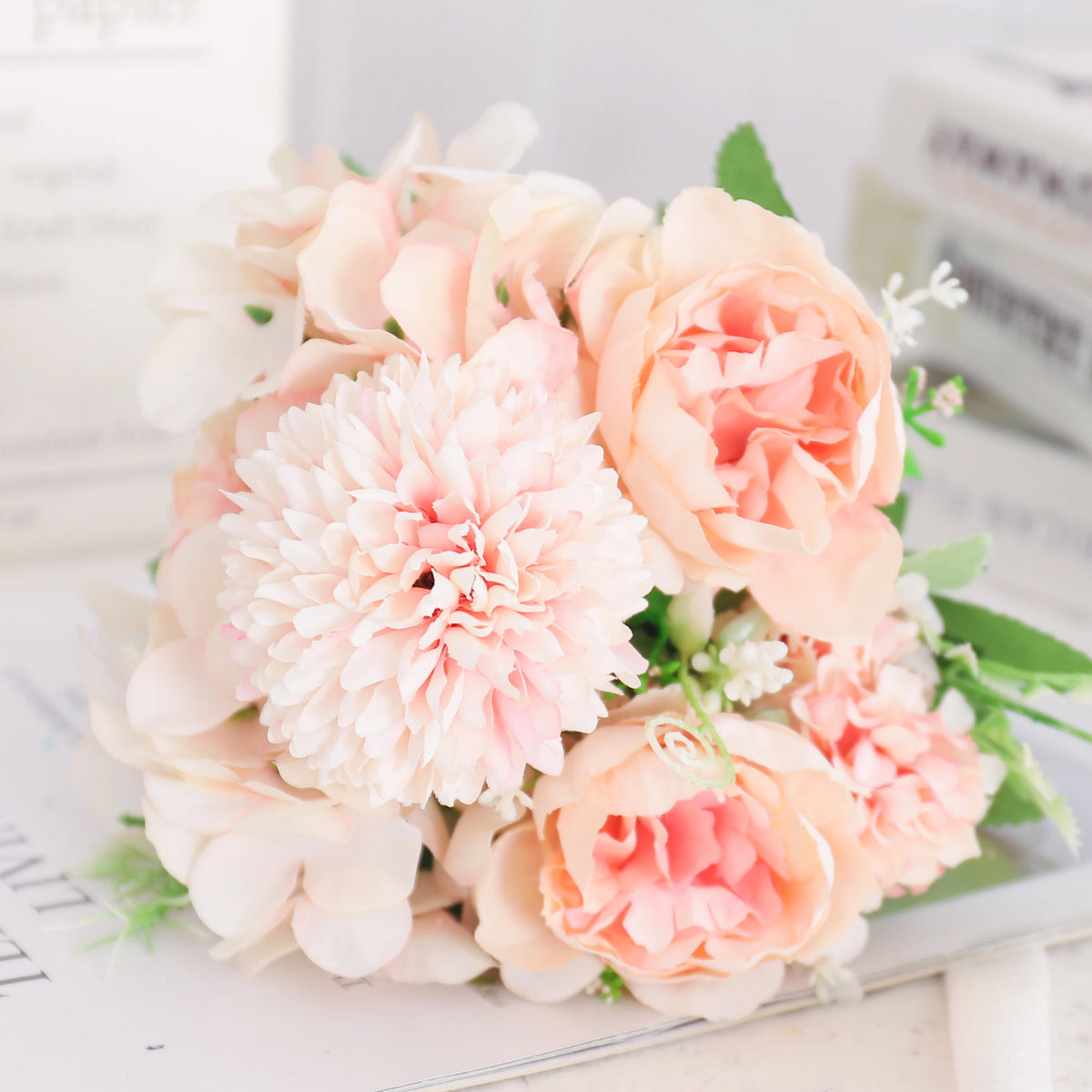 Artificial silk peony and hydrangea bouquet for wedding and home decoration - vue 30 sur 40