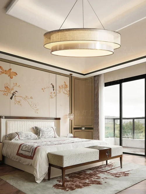 Chinese zen style circular chandelier with fabric engineering lighting - vue 4 sur 8