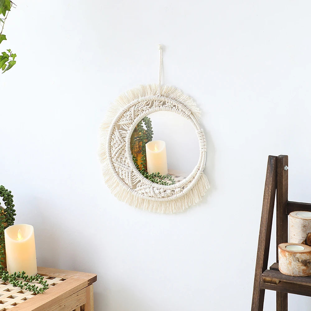 Boho-style macramé wall mirror for interior decoration - vue 13 sur 14