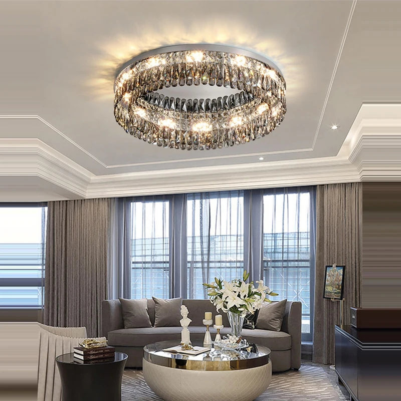 Dimmable round rectangular crystal LED chandelier - vue 3 sur 18