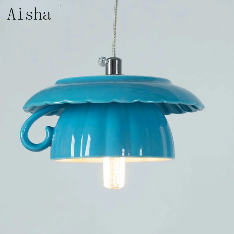 Ceramic pendant light with teacup and teapot