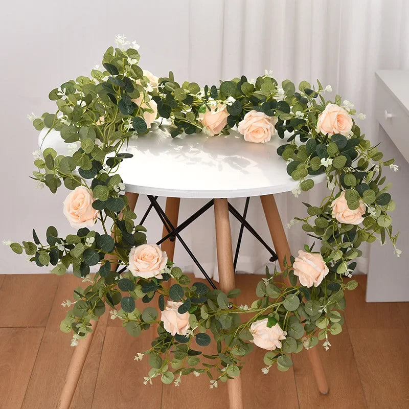 Decorative artificial rose vines and eucalyptus