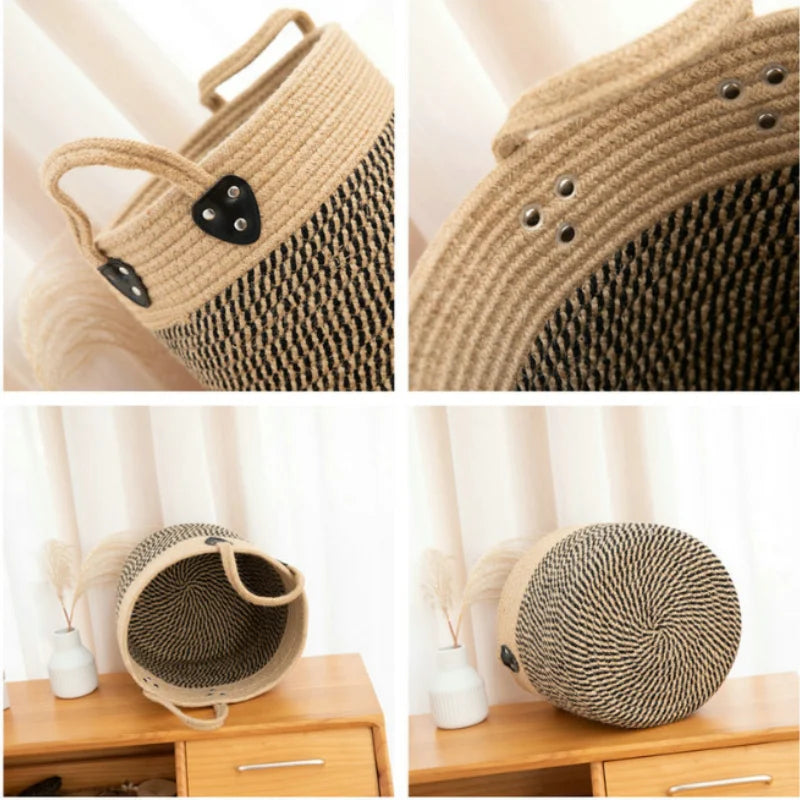 jute and cotton storage basket with handle - vue 6 sur 7
