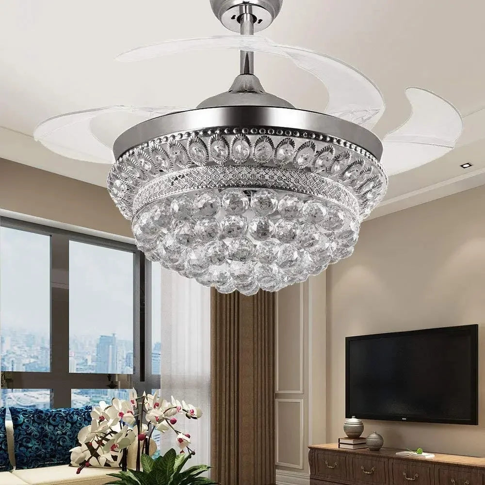 Chrome crystal ceiling fan chandelier with changing LED light - vue 2 sur 7