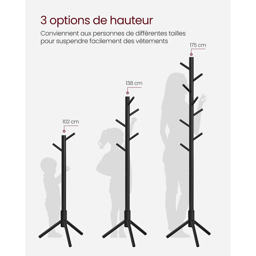 VASAGLE Standing Coat Rack, Solid Wood Coat Rack, Tree-Shaped Coat Rack with 8 Hooks, 3 Height Options, for Clothes, Hats, Bags - vue 5 sur 8
