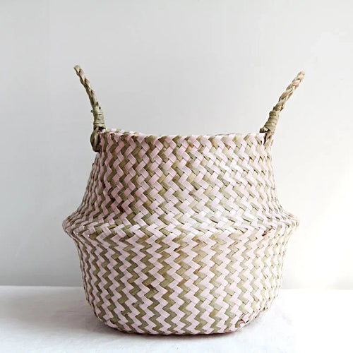 handmade patchwork seagrass foldable wicker storage basket - vue 8 sur 9