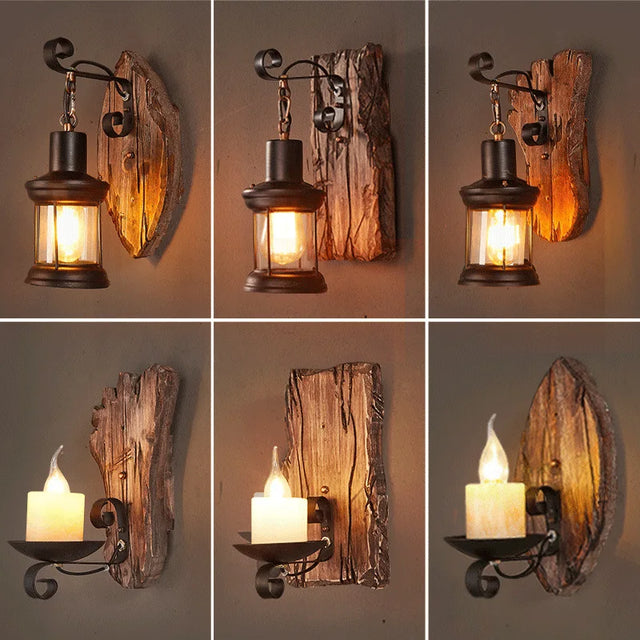 Industrial retro wooden LED wall light