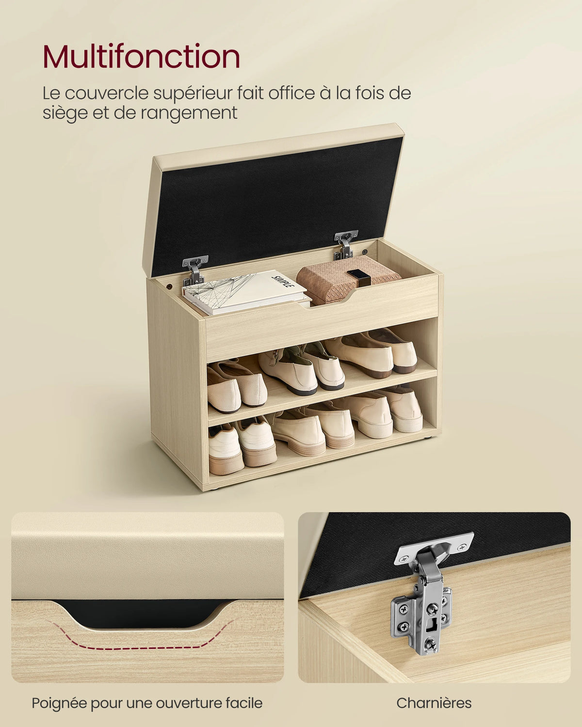 VASAGLE Shoe Bench, Bench, Shoe Rack with Padded Cushion, Shoe Organizer with 3 Levels, 30 x 60 x 44 cm, for Hallway