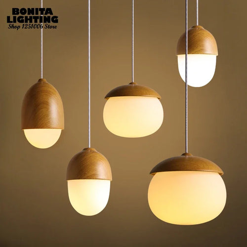 Modern glass and wood pendant light with mushroom design - vue 3 sur 8