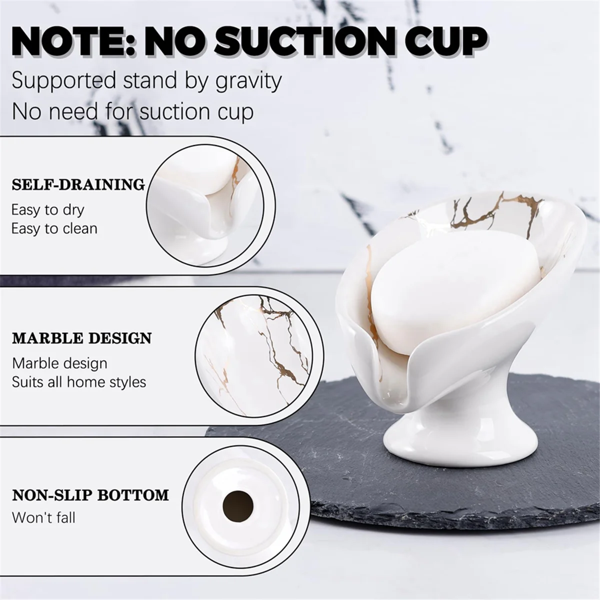 Soap Dish, Ceramic Soap Holder Self Draining Marble Look Leaf-Shape Soap Dishes for Bathroom,White - vue 2 sur 6