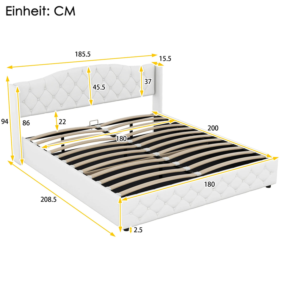 VSOGA 180 X 200CM Multifunctional Flat Bed with Hydraulic Storage, White - vue 2 sur 8