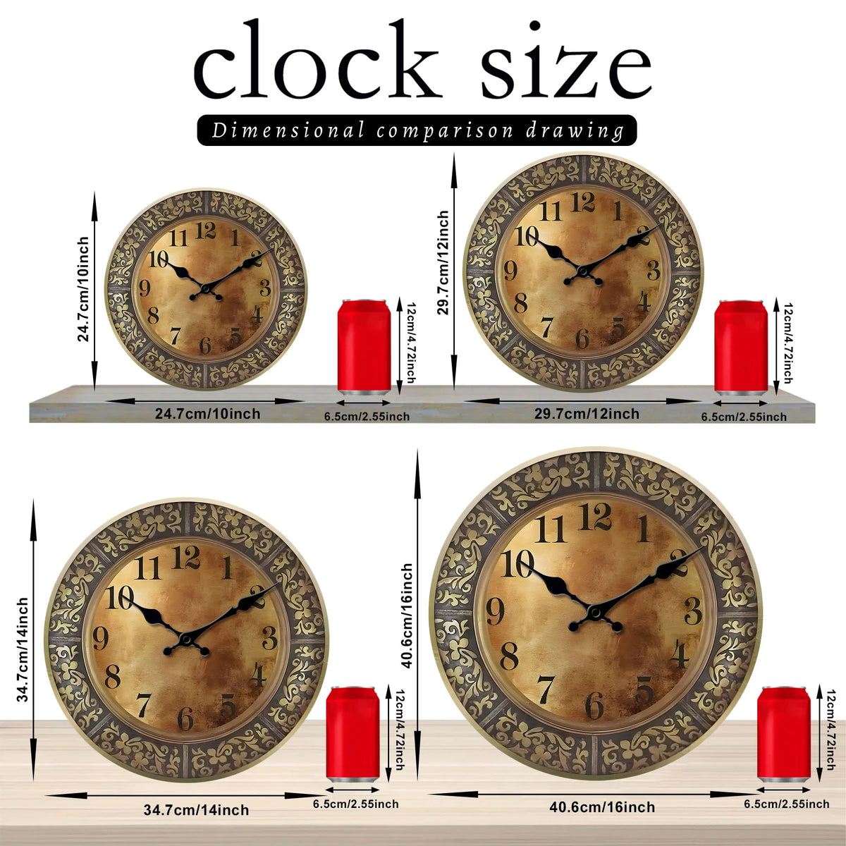Wooden silent wall clock, antique brass pattern design, modern design, home decoration, living room dining room decoration - vue 3 sur 7