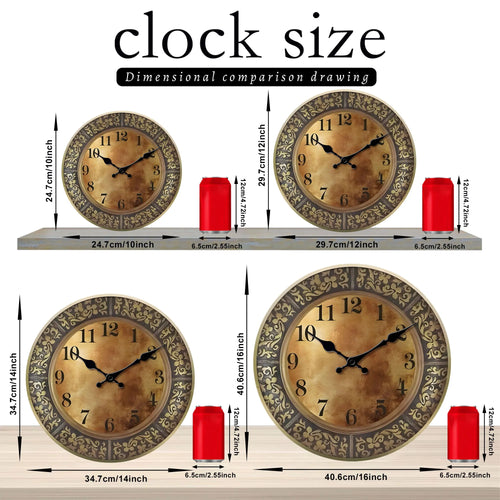 Wooden silent wall clock, antique brass pattern design, modern design, home decoration, living room dining room decoration - vue 4 sur 7