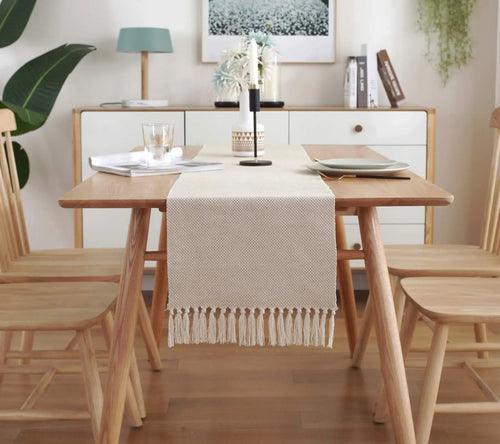 Rustic beige embroidered linen table runner - vue 7 sur 7
