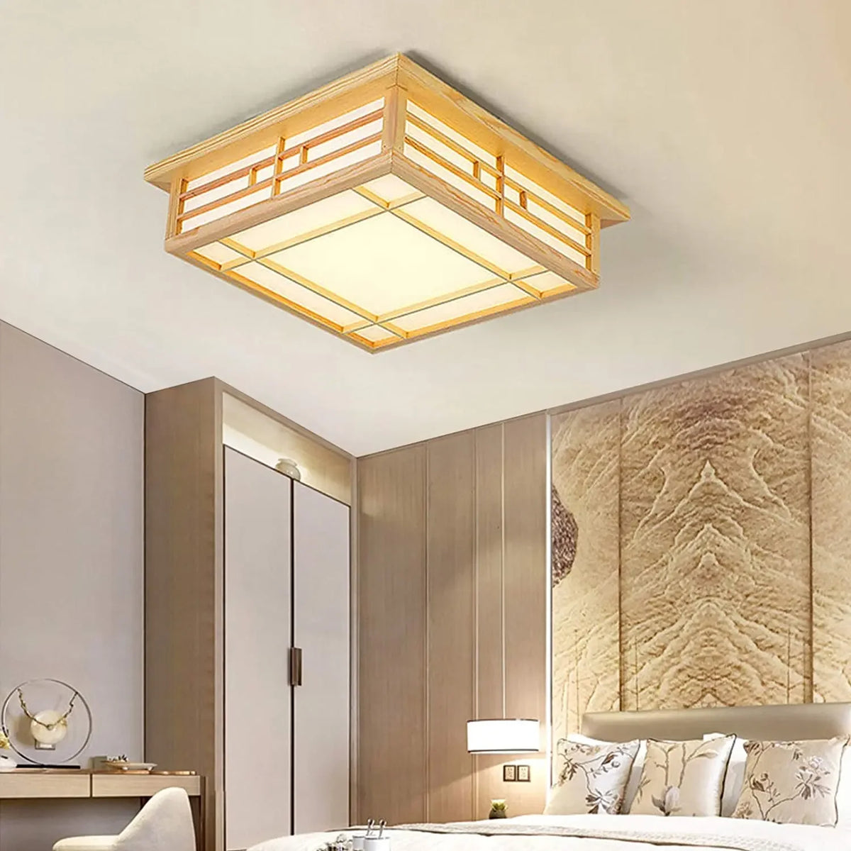 Japanese style wooden LED flush mount ceiling light with remote control
