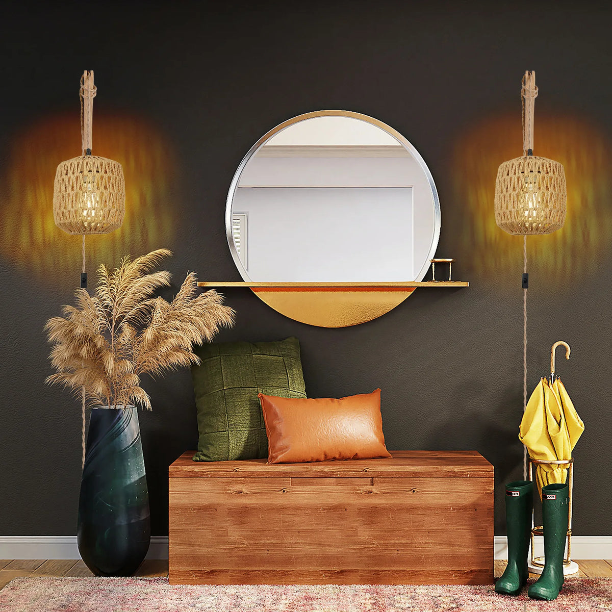 Retro woven rattan LED wall light with hemp rope - vue 5 sur 6