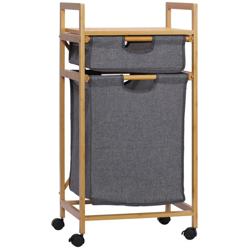 HOMCOM bamboo laundry hamper 2 removable cloth bags 42x35x84.5 cm - vue 2 sur 7