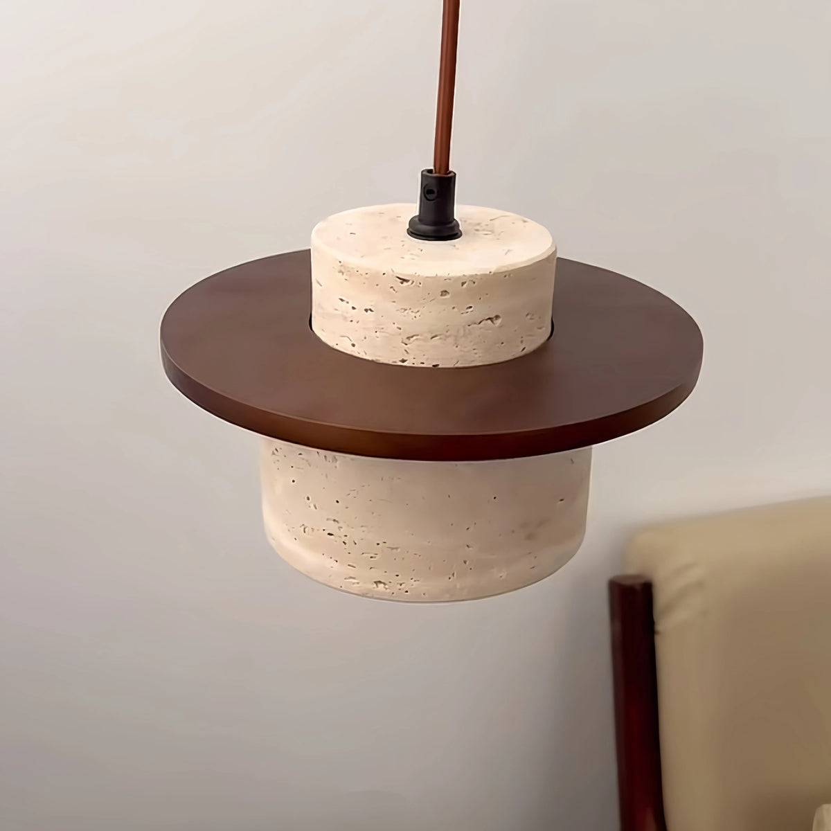 Japanese minimalist style LED pendant light in walnut and travertine - vue 4 sur 13