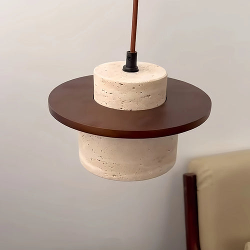 Japanese minimalist style LED pendant light in walnut and travertine - vue 5 sur 13