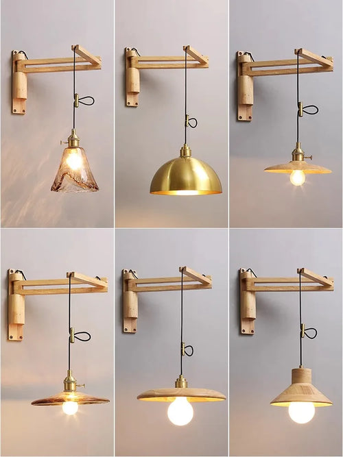 Extendable and adjustable Japanese style retro wood pendant light - vue 4 sur 10