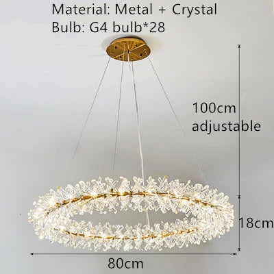 lustre led cristal clair rond avec fil métallique doré réglable