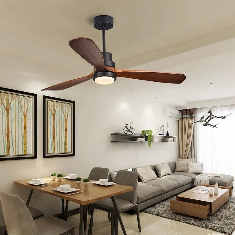 Retro wooden flush mount ceiling light with integrated fan and LED light