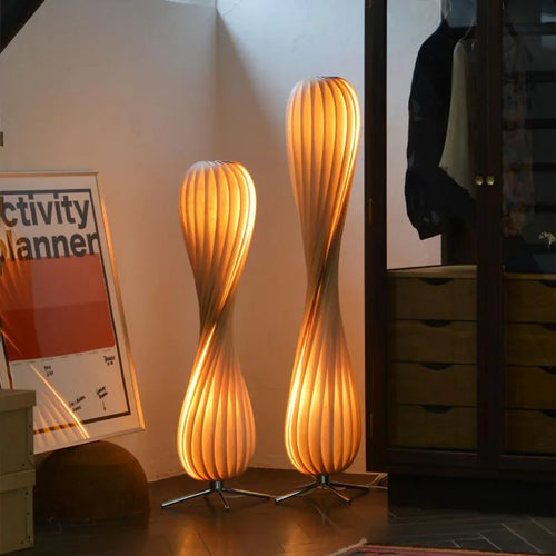 Wooden LED floor lamp modern retro standing spiral dimmable light for living room and bedroom - vue 6 sur 8