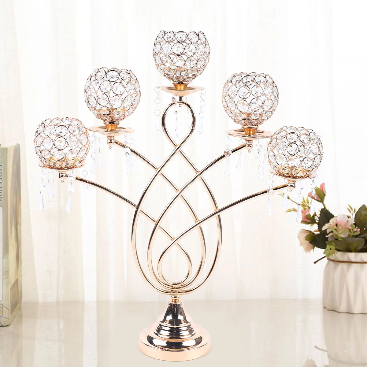 Gold crystal five-arm candle holder for wedding decoration