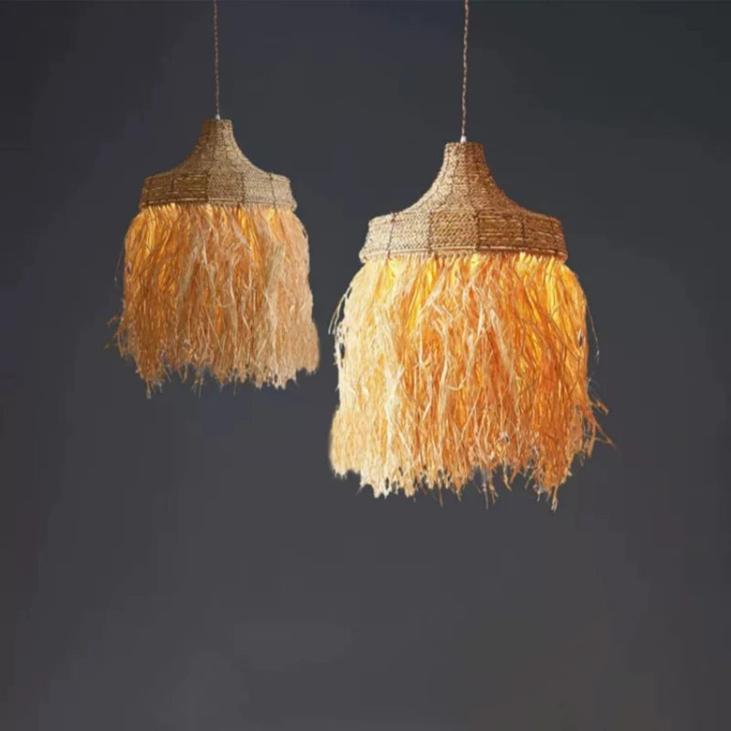 Handwoven rattan pendant light in natural wabi sabi style