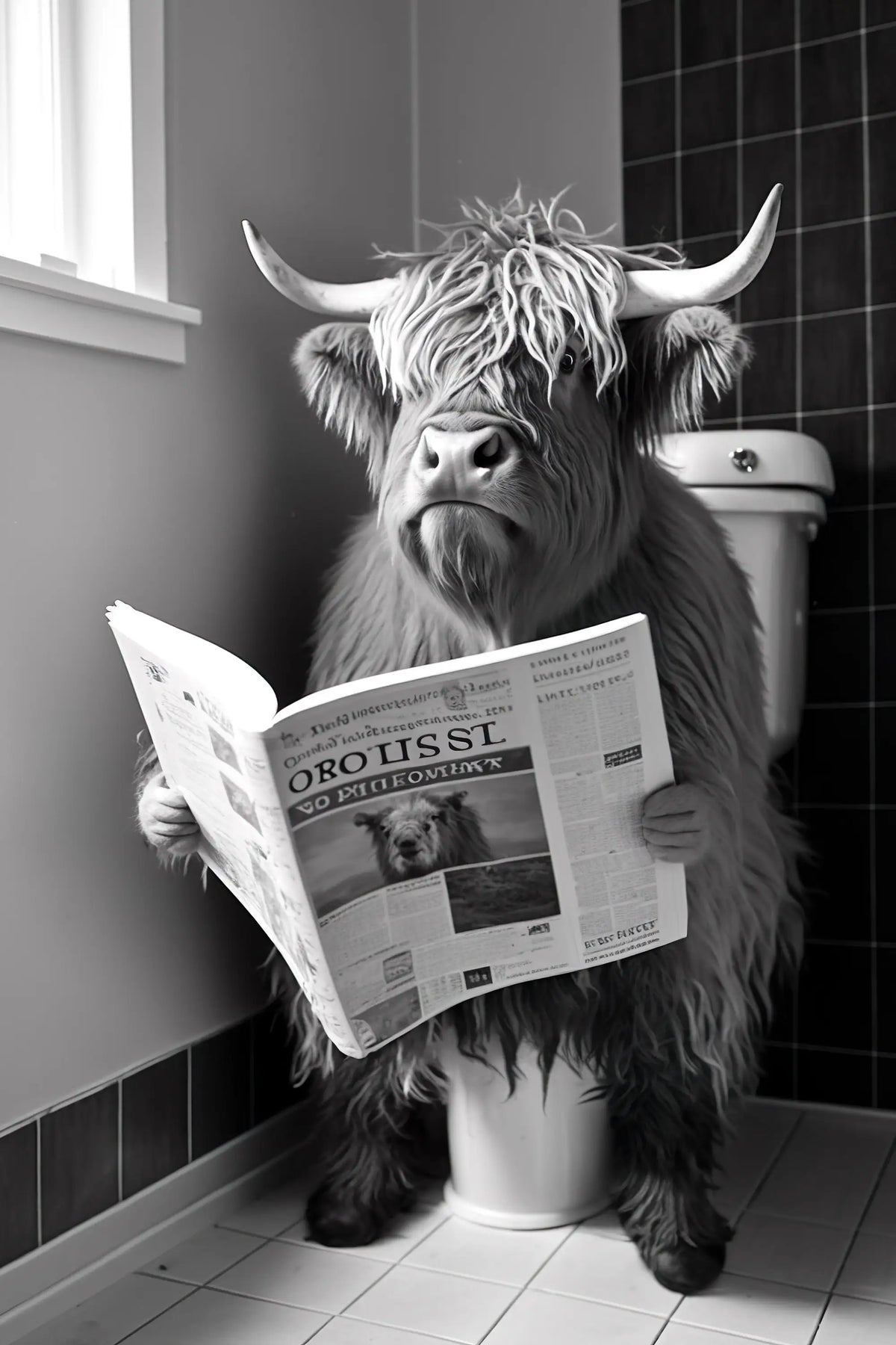 Humorous animal wall art reading newspaper in the toilet
