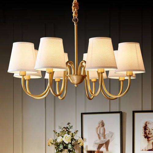 American retro copper LED chandelier with fabric shade - vue 2 sur 11