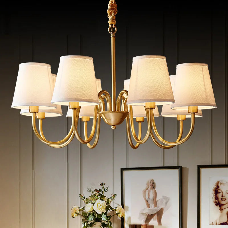 American retro copper LED chandelier with fabric shade