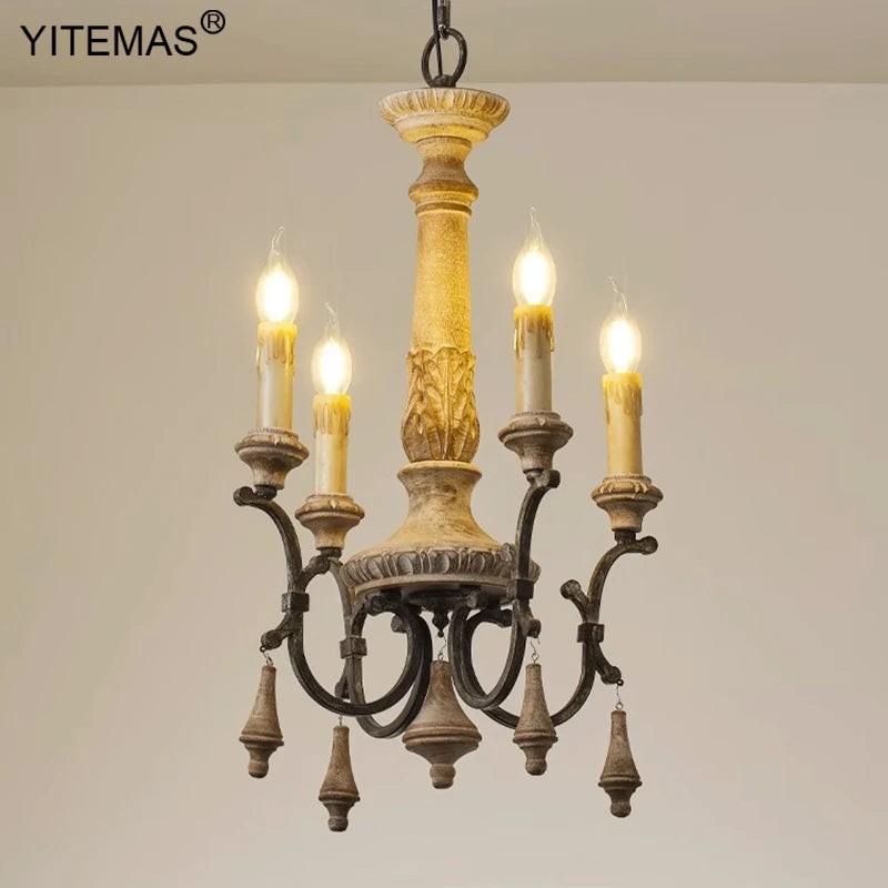 Retro wooden chandelier 4 lights for entryway, bedroom or dining room, 6 lights vintage French chandelier for living room or foyer